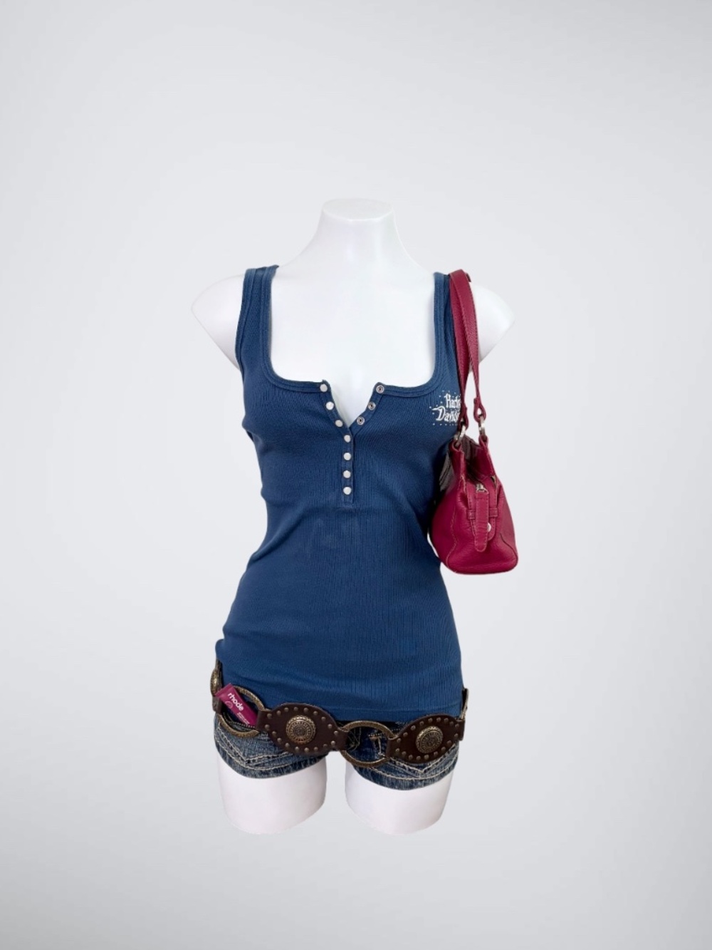 VTG Y2K Harley Davidson Rhinestoned Navy Blue Henley Ribbed Tank Top